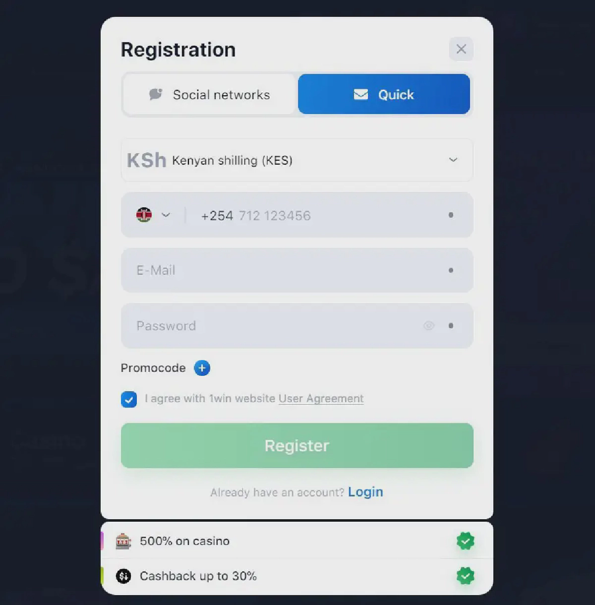 Registration at 1win