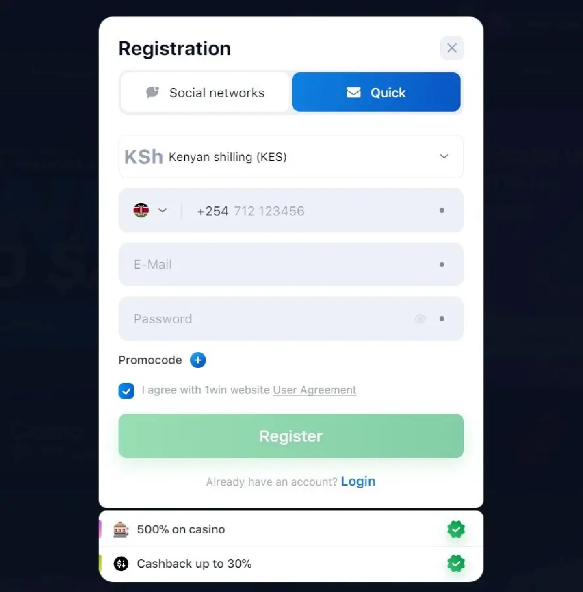 Registration at 1win