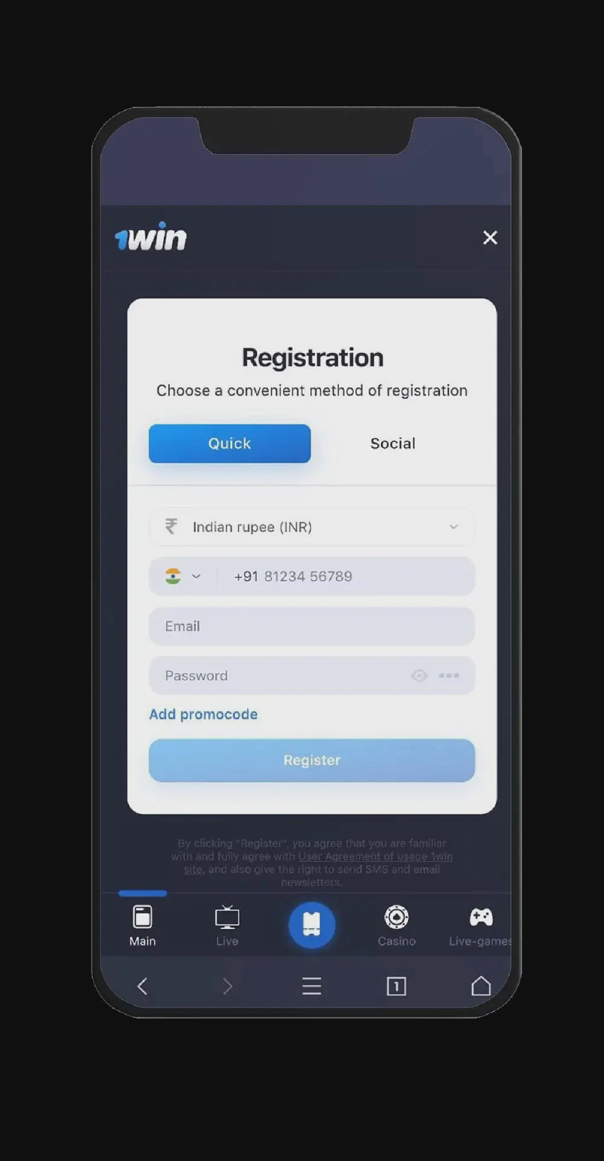 Registration process at 1win