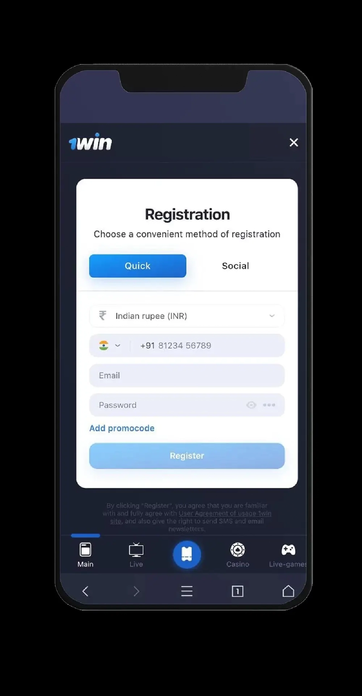Registration process at 1win
